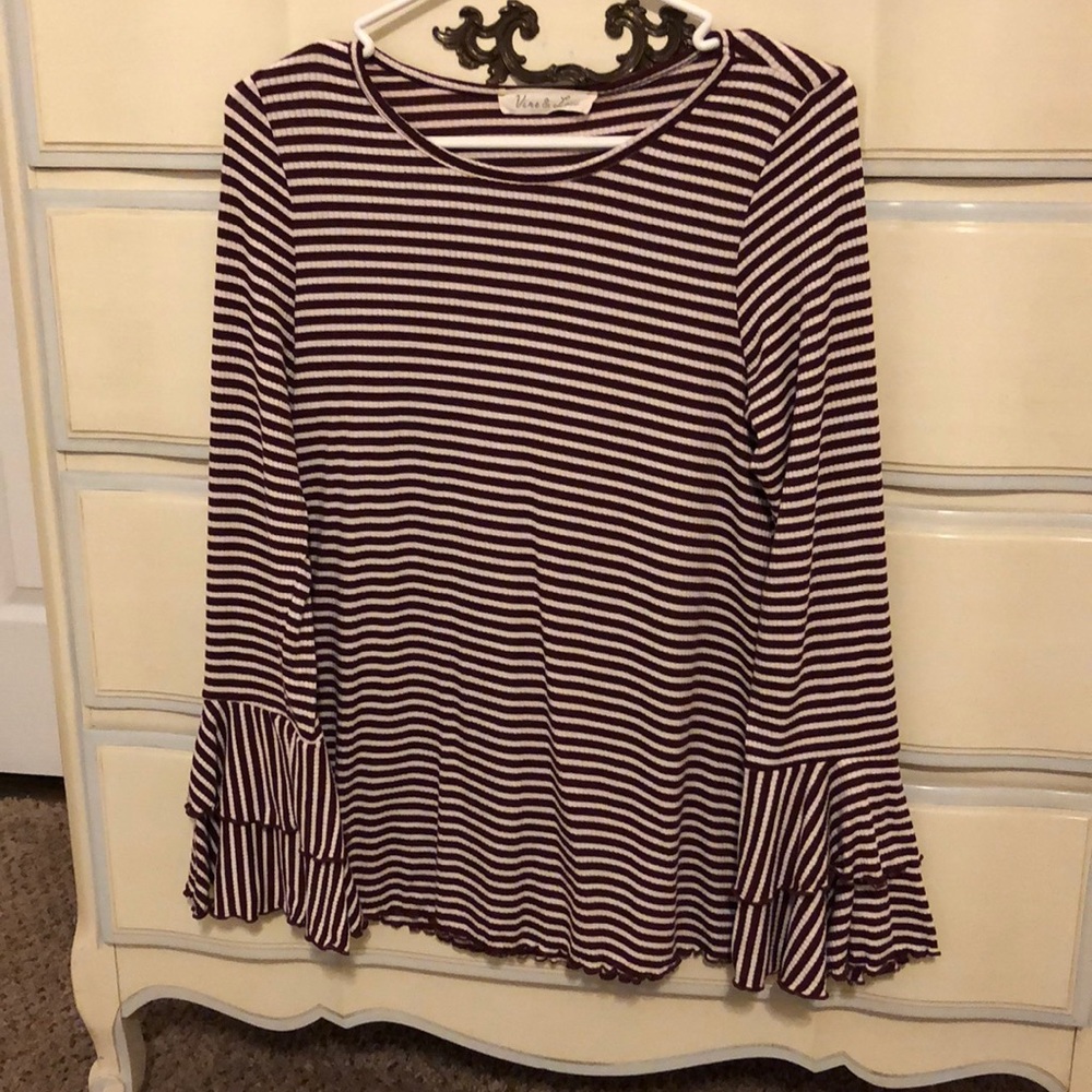 Maroon and White Striped Belle Sleeve Top